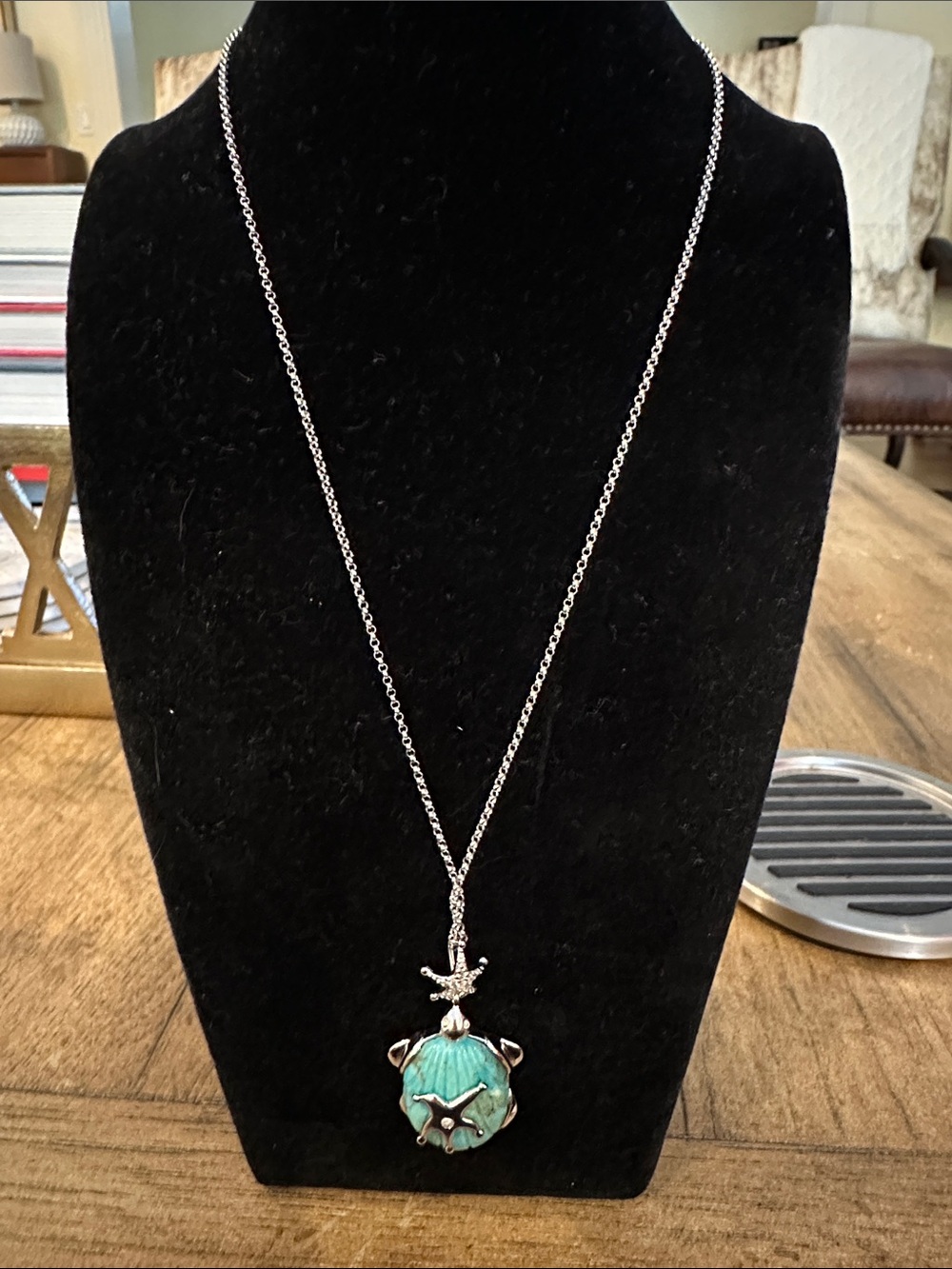 Silver-Tone Necklace with Turquoise Shell Turtle Pendant